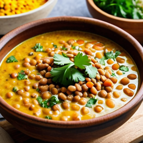 Home 12 A vibrant, colorful photo of lentil soup in a rustic bowl, garnished with fresh cilantro and a swirl of coconut milk. Spices like turmeric, cumin, and coriander are visible. In the background, there are lentils, a cutting board with diced vegetables (onions, garlic, ginger), and spice jars, creating a warm, inviting kitchen atmosphere.