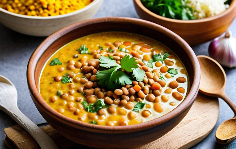 A vibrant, colorful photo of lentil soup in a rustic bowl, garnished with fresh cilantro and a swirl of coconut milk. Spices like turmeric, cumin, and coriander are visible. In the background, there are lentils, a cutting board with diced vegetables (onions, garlic, ginger), and spice jars, creating a warm, inviting kitchen atmosphere.