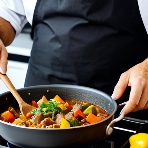 Home 11 A professional chef, fully clothed in a clean chef's jacket and apron, is actively stirring a vibrant, aromatic plant-based stew in a large pot on a stovetop in a modern, well-lit kitchen. The stew features visible chunks of seitan and colorful vegetables, with gentle steam rising. On the adjacent counter, various spices and fresh herbs are neatly arranged. Perfect anatomy, natural pose, well-formed hands, correct proportions, safe for work, appropriate content, modest clothing, family-friendly, high-quality photography, professional food styling.