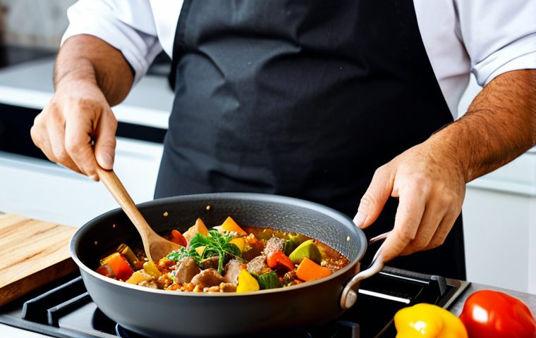 A professional chef, fully clothed in a clean chef's jacket and apron, is actively stirring a vibrant, aromatic plant-based stew in a large pot on a stovetop in a modern, well-lit kitchen. The stew features visible chunks of seitan and colorful vegetables, with gentle steam rising. On the adjacent counter, various spices and fresh herbs are neatly arranged. Perfect anatomy, natural pose, well-formed hands, correct proportions, safe for work, appropriate content, modest clothing, family-friendly, high-quality photography, professional food styling.