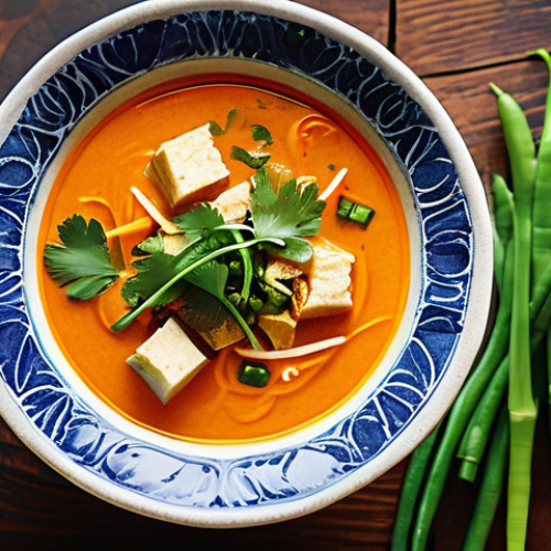 Home 4 대체 단백질을 활용한 맛있는 수프 레시피 - **Image Prompt 1: Vibrant Thai Red Curry Soup with Tofu and Fresh Garnishes**
A close-up, top-do...