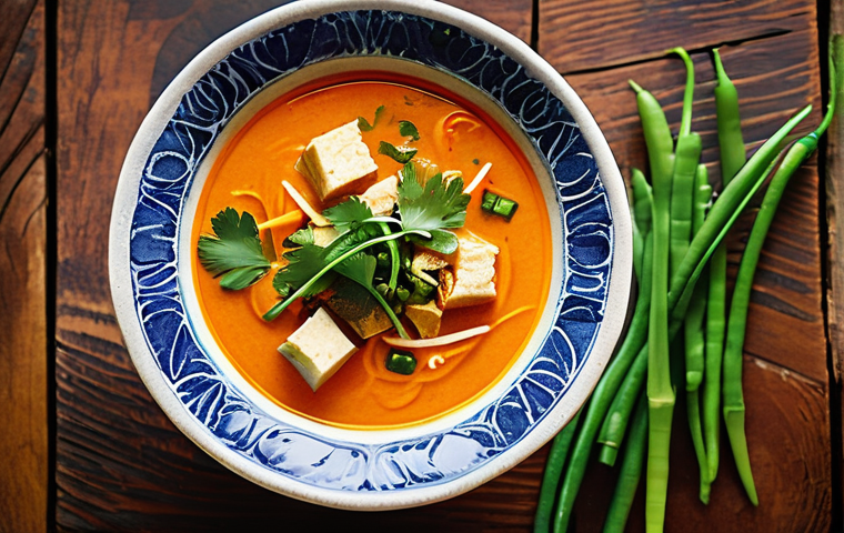 대체 단백질을 활용한 맛있는 수프 레시피 - **Image Prompt 1: Vibrant Thai Red Curry Soup with Tofu and Fresh Garnishes**
A close-up, top-do...