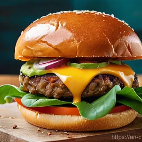 대체 단백질 요리법으로 만드는 건강한 양식 - **Gourmet Plant-Based Burger Extravaganza:** A close-up, dynamic shot of a gourmet plant-based burge...