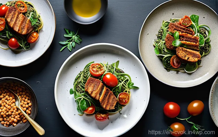 대체 단백질 요리법으로 만드는 건강한 양식 - **Gourmet Plant-Based Burger Extravaganza:** A close-up, dynamic shot of a gourmet plant-based burge...