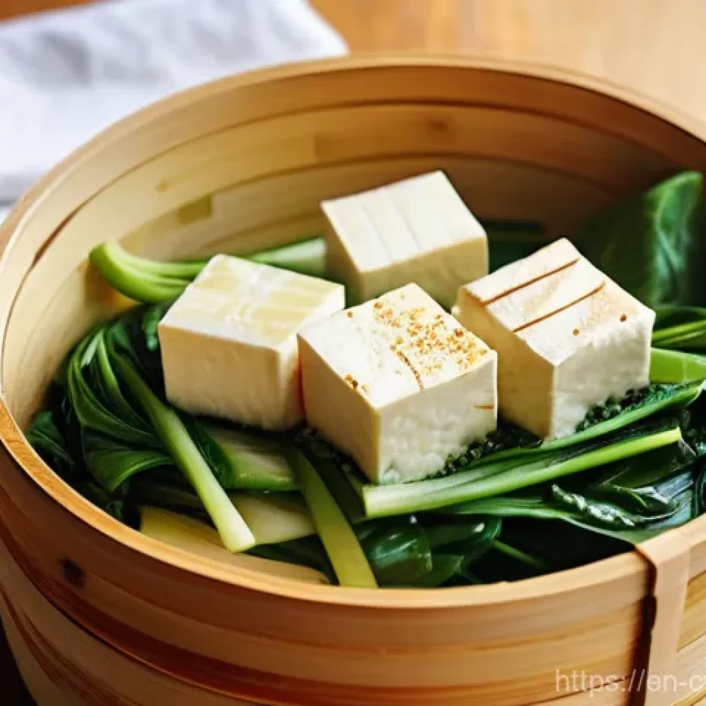대체 단백질로 만드는 향긋한 찜 요리 - **Steaming Tofu and Vegetables in a Bamboo Steamer:** A close-up, high-angle shot capturing a tradit...