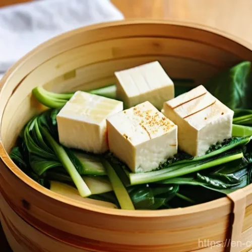 대체 단백질로 만드는 향긋한 찜 요리 - **Steaming Tofu and Vegetables in a Bamboo Steamer:** A close-up, high-angle shot capturing a tradit...
