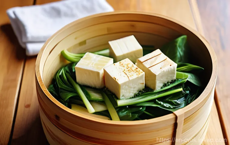 대체 단백질로 만드는 향긋한 찜 요리 - **Steaming Tofu and Vegetables in a Bamboo Steamer:** A close-up, high-angle shot capturing a tradit...