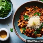 대체 단백질 요리법으로 만드는 파스타 요리 - **A Rustic and Hearty Plant-Based Bolognese:**
    A beautifully styled overhead shot of a steaming ...