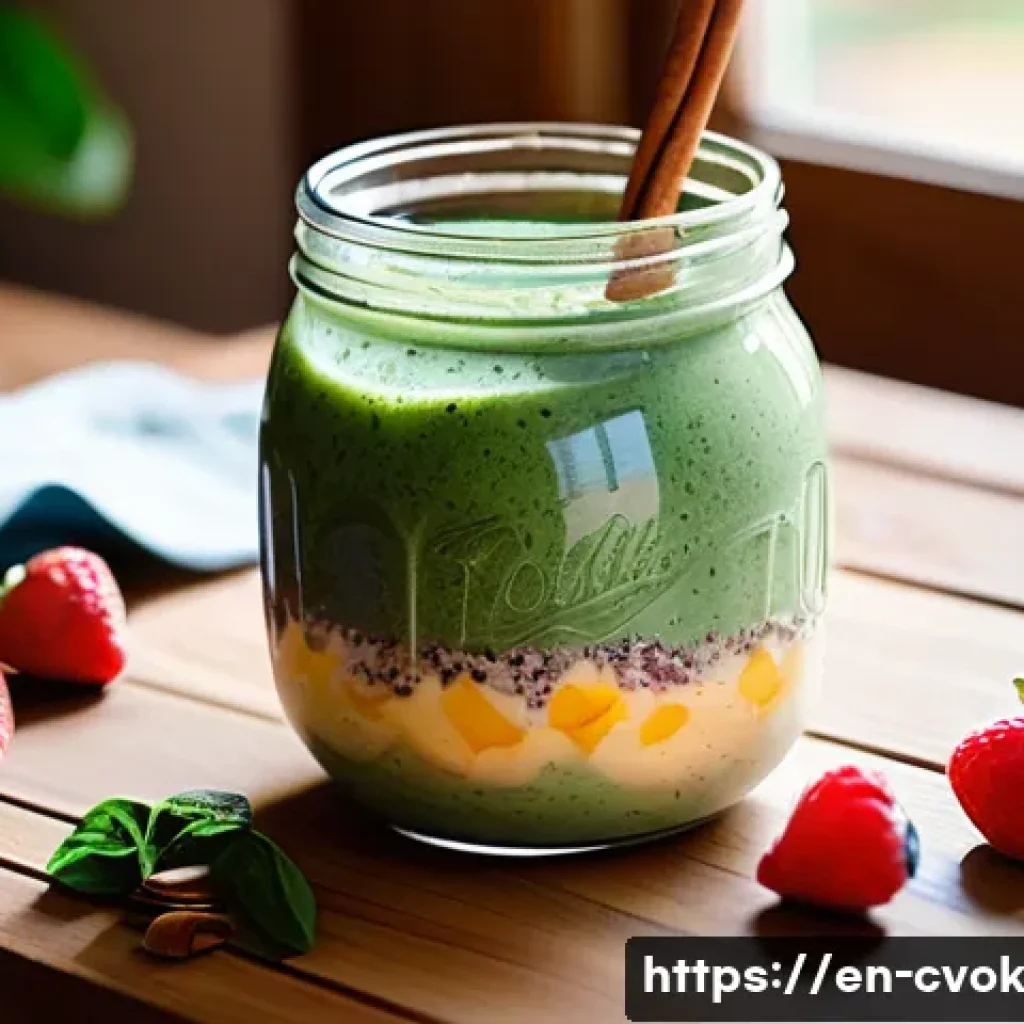 아몬드 밀크를 활용한 요리법과 활용 팁 - A vibrant, cozy kitchen scene featuring a freshly made smoothie bowl on a wooden table, filled with ...