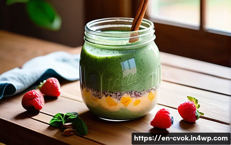 아몬드 밀크를 활용한 요리법과 활용 팁 - A vibrant, cozy kitchen scene featuring a freshly made smoothie bowl on a wooden table, filled with ...