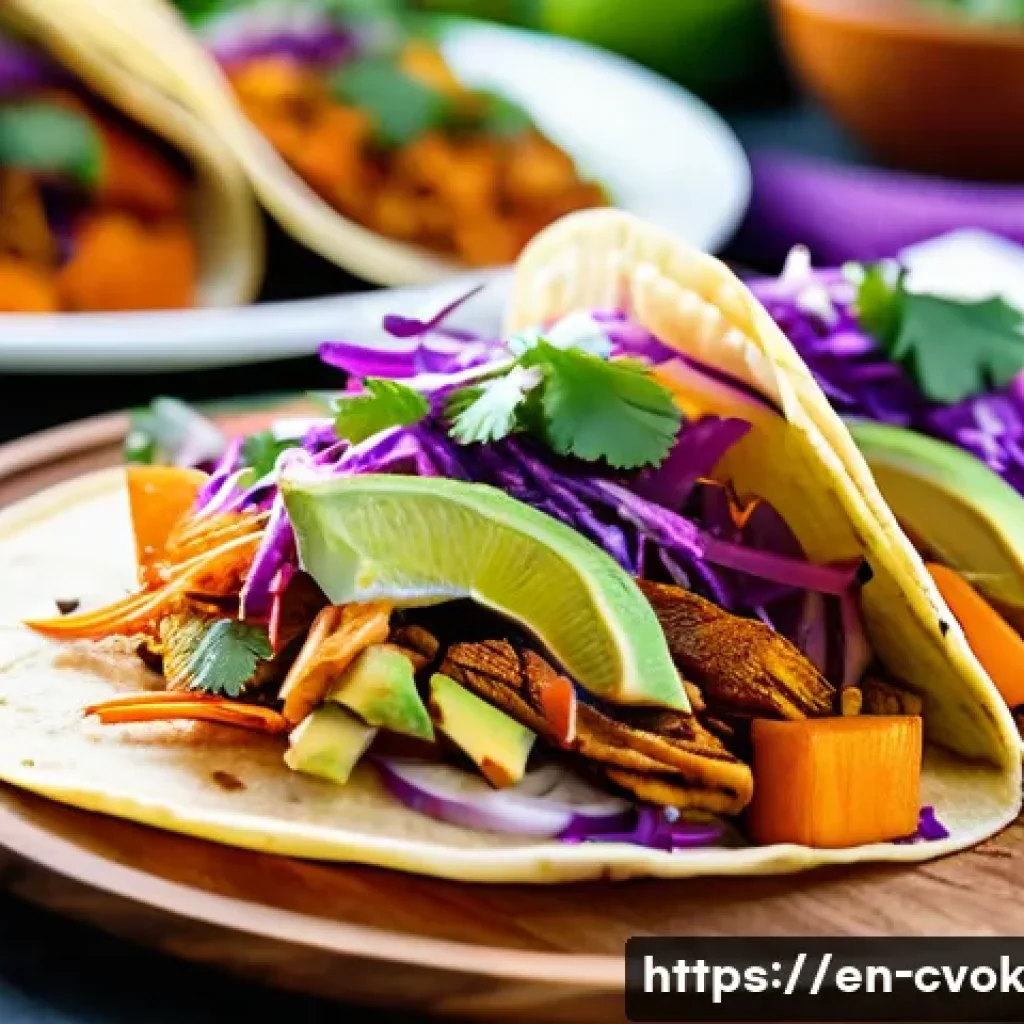 대체 단백질 요리법으로 만드는 특별한 파티 메뉴 - A vibrant, close-up image of smoky jackfruit tacos served on rustic corn tortillas, filled with shre...