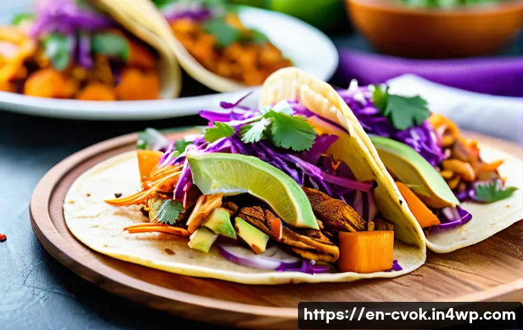 대체 단백질 요리법으로 만드는 특별한 파티 메뉴 - A vibrant, close-up image of smoky jackfruit tacos served on rustic corn tortillas, filled with shre...