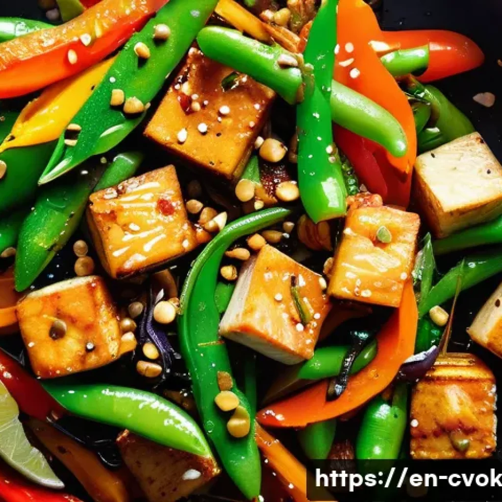 소규모 가정용 대체 단백질 요리 팁 - A vibrant, close-up overhead shot of a colorful one-pan stir-fry featuring cubed tofu pressed and pa...