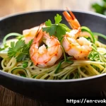 Home 20 대체 단백질 요리로 만드는 해물 요리 - A vibrant close-up of a gourmet vegan shrimp scampi dish featuring golden sautéed plant-based shrimp...