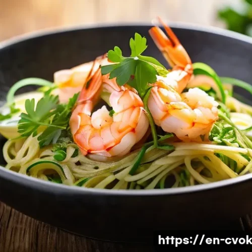 Home 32 대체 단백질 요리로 만드는 해물 요리 - A vibrant close-up of a gourmet vegan shrimp scampi dish featuring golden sautéed plant-based shrimp...