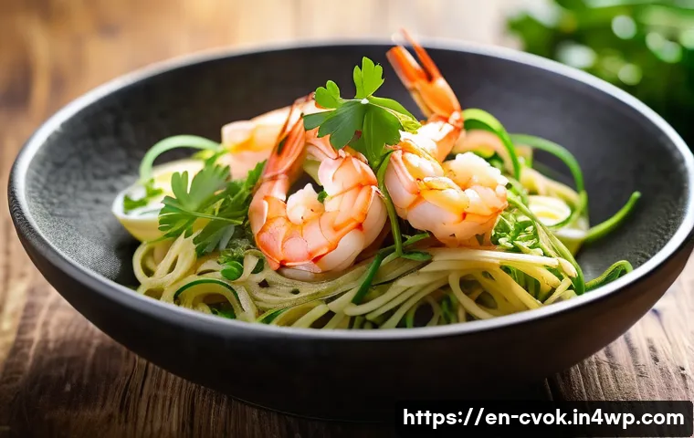 대체 단백질 요리로 만드는 해물 요리 - A vibrant close-up of a gourmet vegan shrimp scampi dish featuring golden sautéed plant-based shrimp...