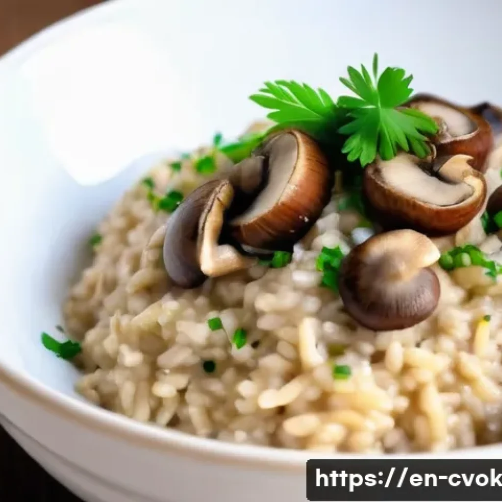 대체 단백질로 만드는 리조토 요리법 - A close-up of a creamy vegan risotto served in a rustic white ceramic bowl, topped with sautéed shii...