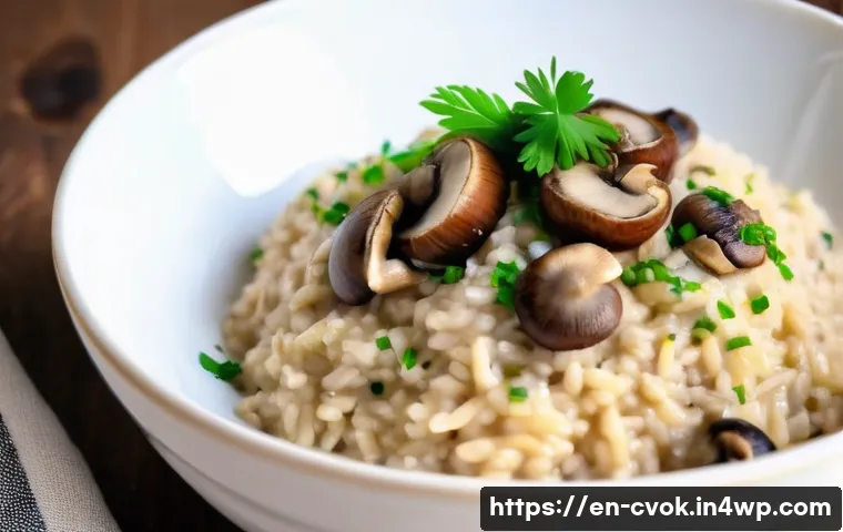 대체 단백질로 만드는 리조토 요리법 - A close-up of a creamy vegan risotto served in a rustic white ceramic bowl, topped with sautéed shii...