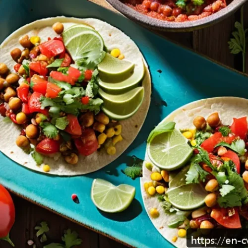 Home 17 대체 단백질 요리법으로 만드는 저칼로리 타코 - A vibrant close-up of a colorful plant-based taco spread on a rustic wooden table, featuring corn to...