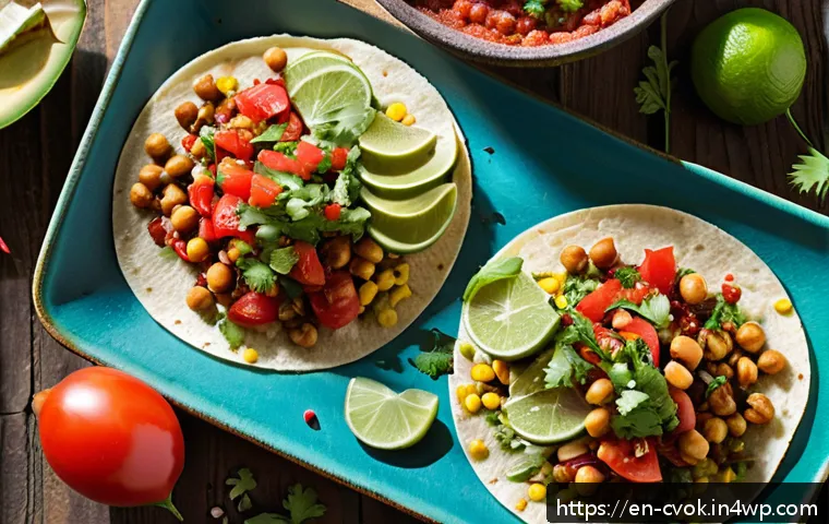 대체 단백질 요리법으로 만드는 저칼로리 타코 - A vibrant close-up of a colorful plant-based taco spread on a rustic wooden table, featuring corn to...