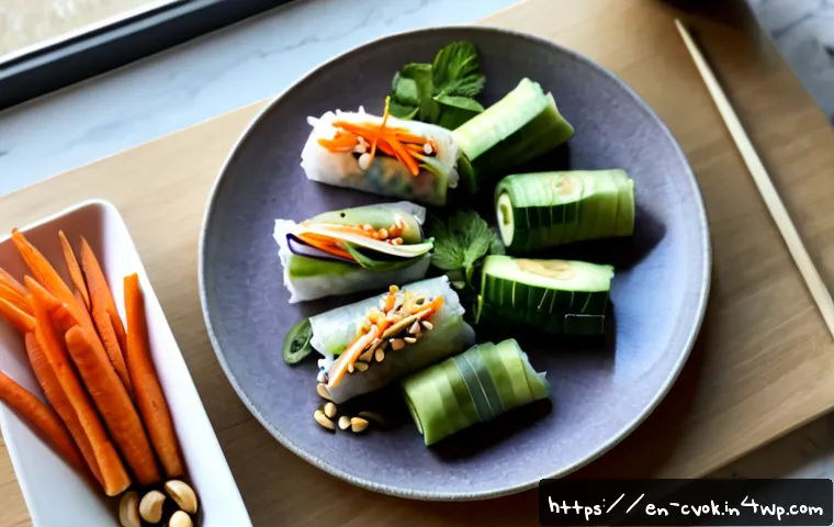 Home 17 대체 단백질 요리법으로 만드는 스프링롤 레시피 - Photorealistic overhead food scene of fresh plant-based protein spring rolls arranged on a matte cer...