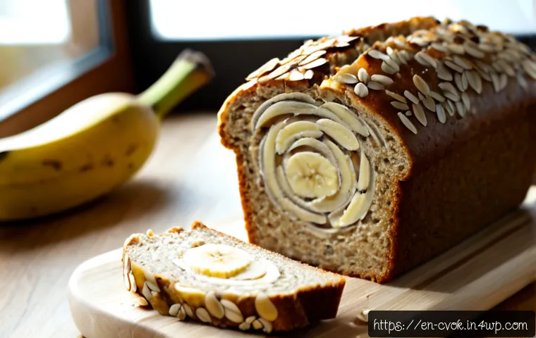 대체 단백질로 만드는 간단한 베이킹 레시피 - Photorealistic bright home kitchen scene, close-up of a golden sliced banana oat protein loaf on a w...